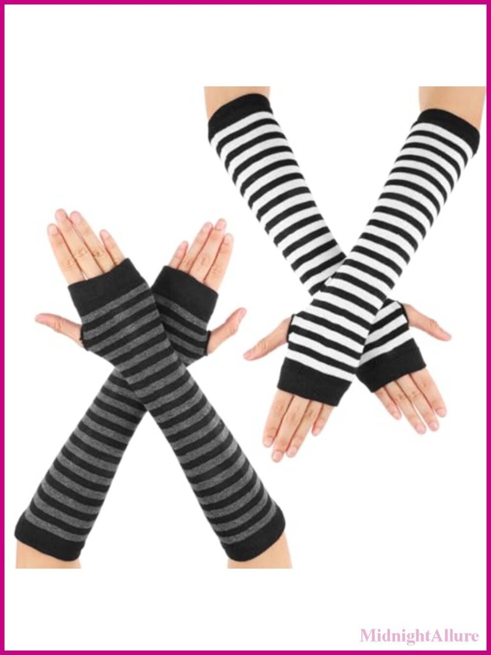 Striped Fingerless Arm Warmers Goth Punk Knit Thumbhole Gloves